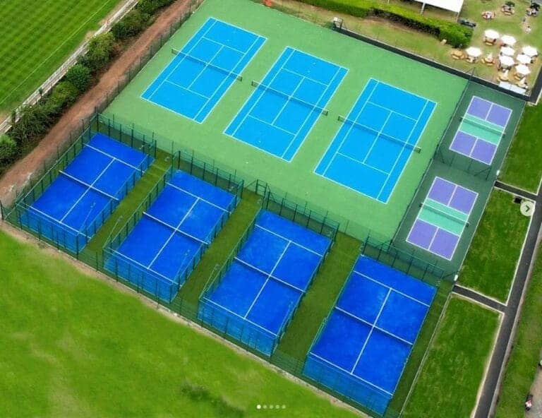 Tennis England Club at Imber Court – aerial view of padel, tennis, and pickleball courts at a multi-sport facility in Surrey