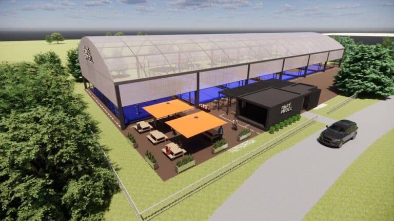 Pure Padel Lightwater – CGI image of covered padel courts within a premium indoor sports facility