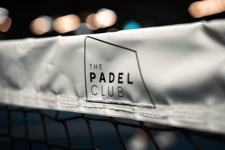 Padel net featuring The Padel Club branding – close-up of court equipment at a premium UK padel tennis venue.