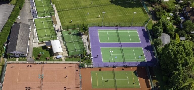Epsom Lawn Tennis Club (ELTC) – aerial view of tennis and padel courts at a historic multi-sport club in Surrey