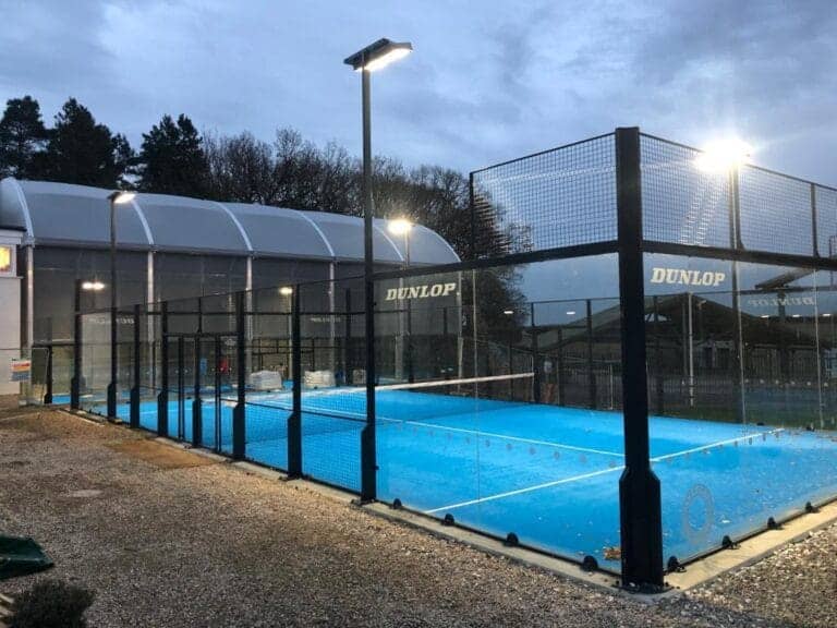 Harrogate Sports & Fitness Club (HSFC) outdoor court at night illuminated by bright floodlights, showcasing the club’s high-quality facilities for evening sport and training in Harrogate, North Yorkshire.