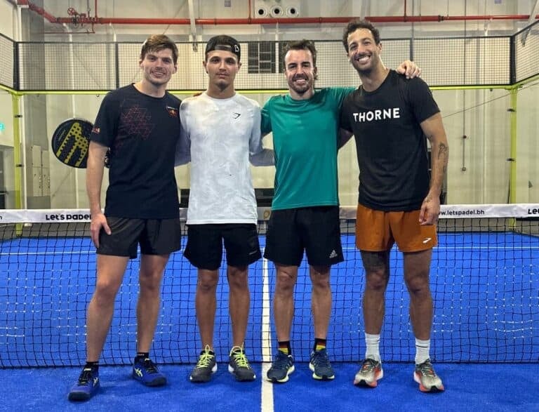 Max Verstappen, Lando Norris, Fernando Alonso and Daniel Ricciardo playing padel